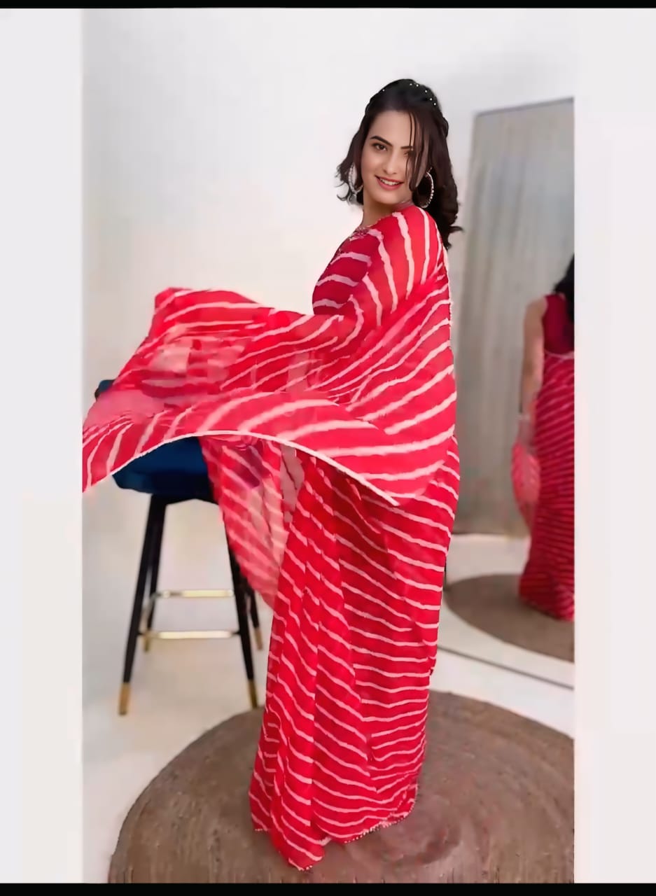 New One Minute Ready To Wear  Pure Soft Georgette Silk Leheriya Printed Red Saree With Same Model Unstiched Blouse