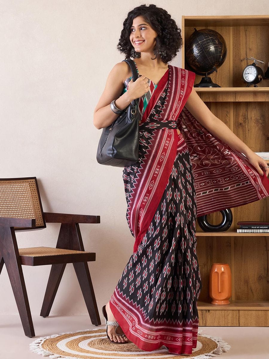 New One Minute Ready To Wear Flower Designed Pure Soft Mul Cotton Silk Black Saree With  Pocket Along With Same Model  Unstiched Blouse Piece