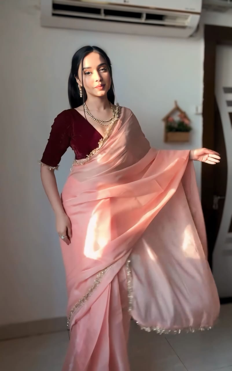 New One Minute Ready Wear Peach Organza Saree
