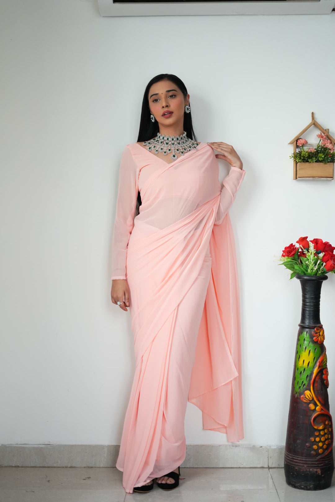 New One Minute Ready Wear Pastel Orange Georgette Saree