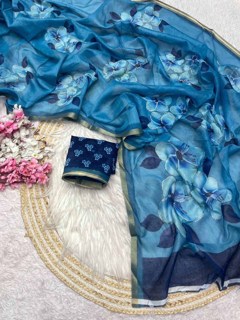 New Designer Digital Printed Chanderi Cotton Saree - Blue