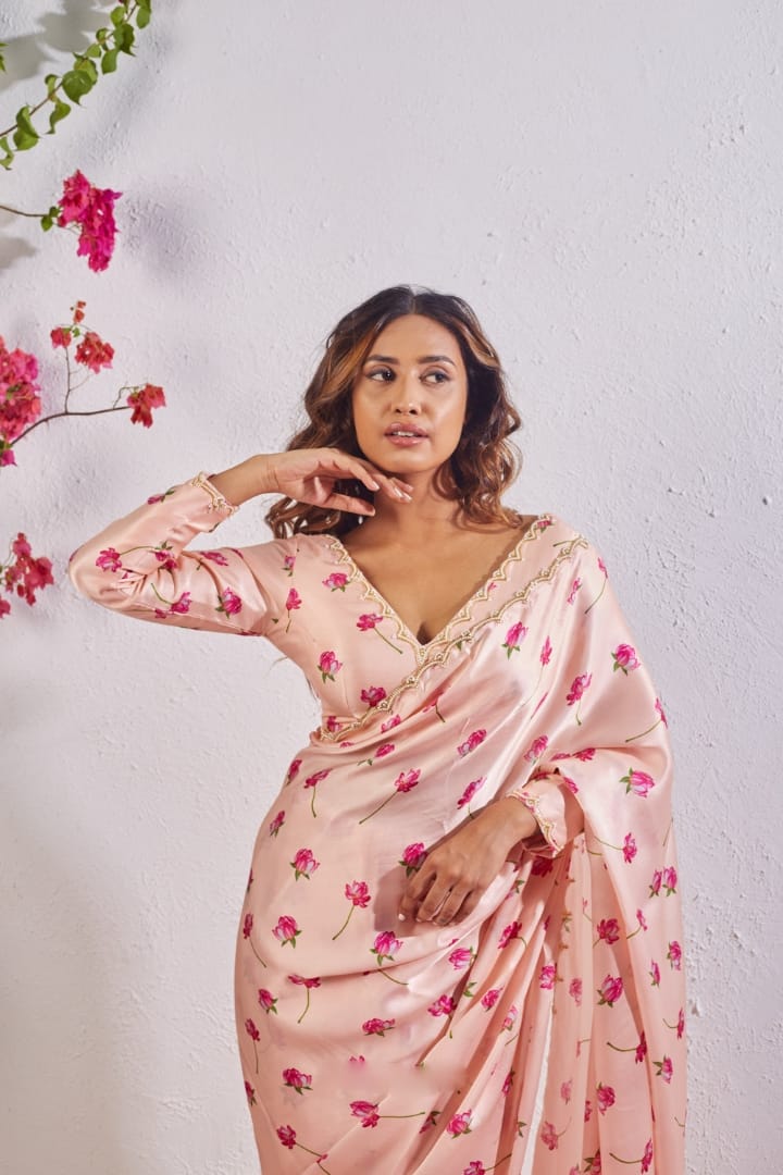 New One Minute Ready To Wear  Pure Soft Satin Silk Beautiful Flower Digital Printed Saree With Cutdana And Moti Handwork With Same Model long Sleeve Stiched Blouse