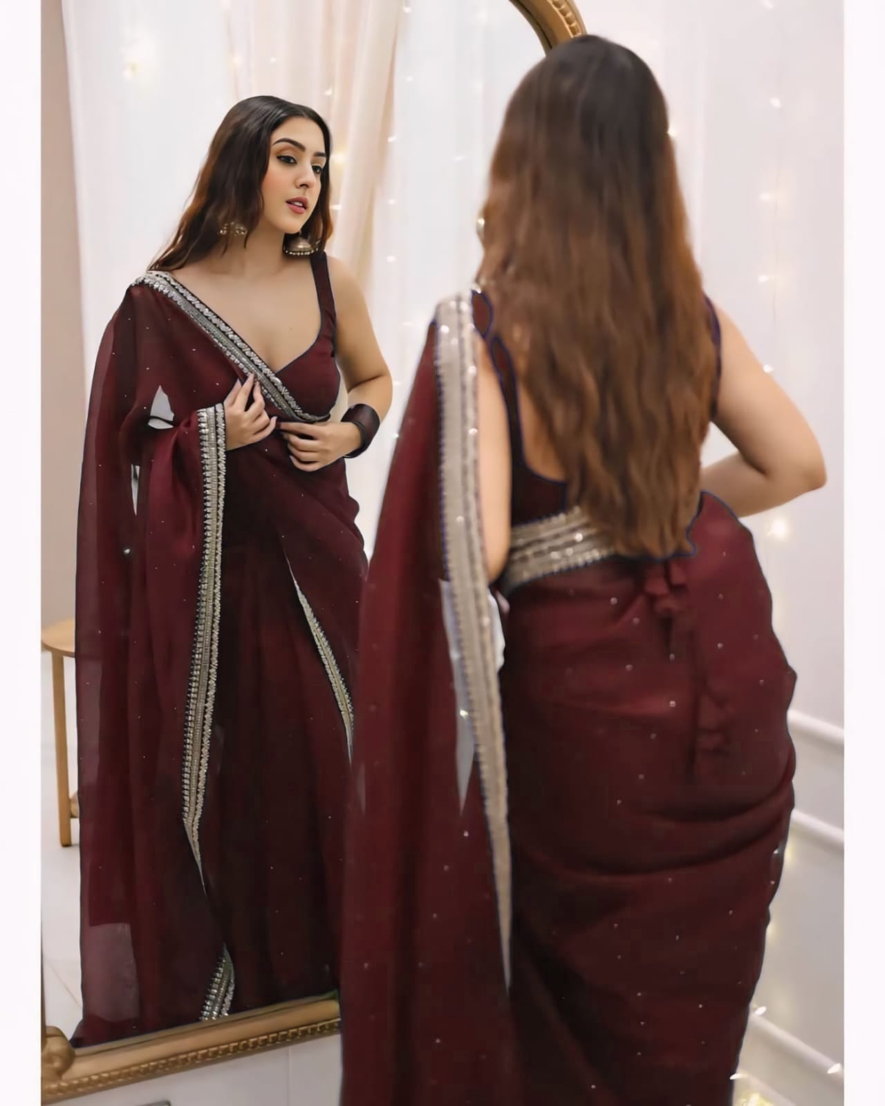 New One Minute Ready To Wear Pure Soft Organza Silk Dark Maroon Saree With Beautiful Diamond Work All Over The Saree Handwork With Same Colour Stiched Blouse