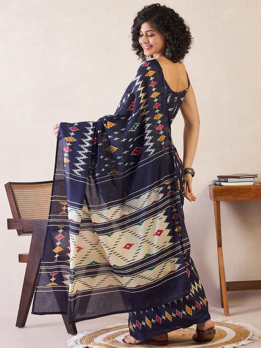 New One Minute Ready To Wear  Pure Soft Mul Cotton Silk Navy Blue Saree With  Pocket Along With Running Unstiched Blouse Piece