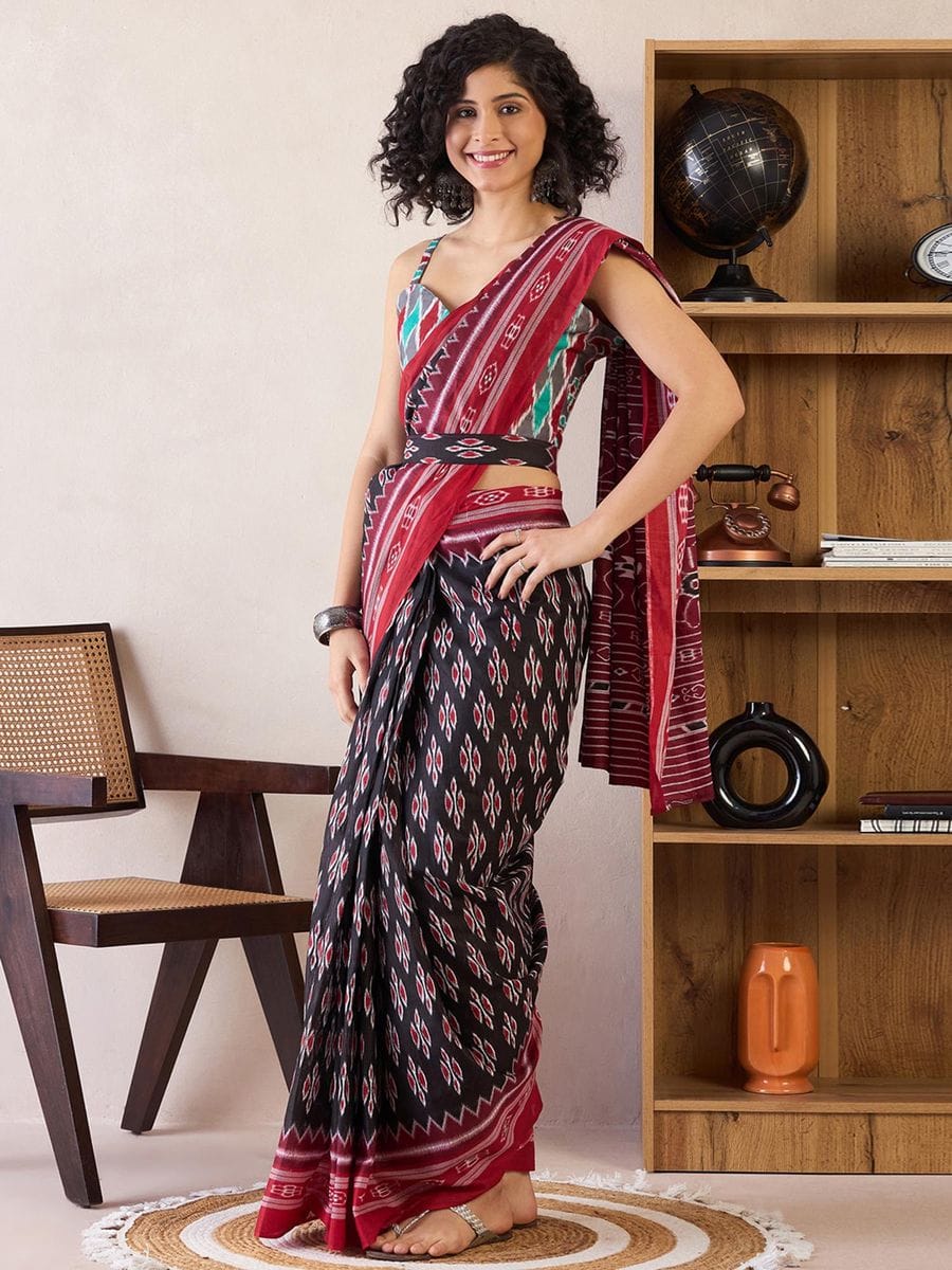 New One Minute Ready To Wear Flower Designed Pure Soft Mul Cotton Silk Black Saree With  Pocket Along With Same Model  Unstiched Blouse Piece