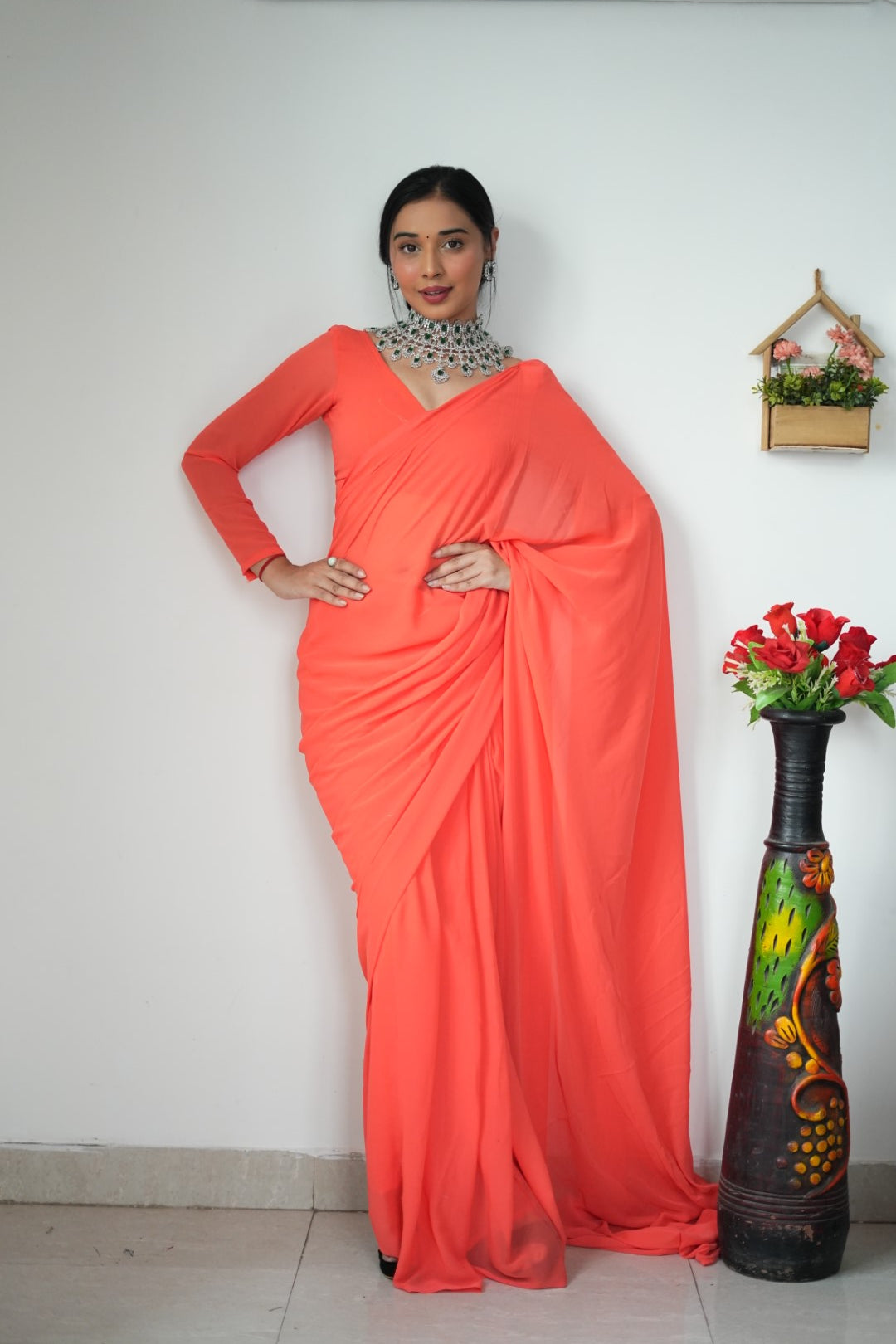 New One Minute Ready Wear Orange Georgette Saree