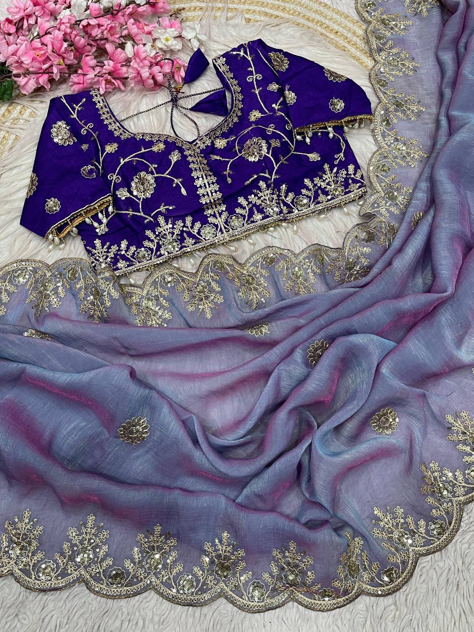 New Designer NC Vichitra Two Tone Blue Saree With Sequence Coding Embroidery Work