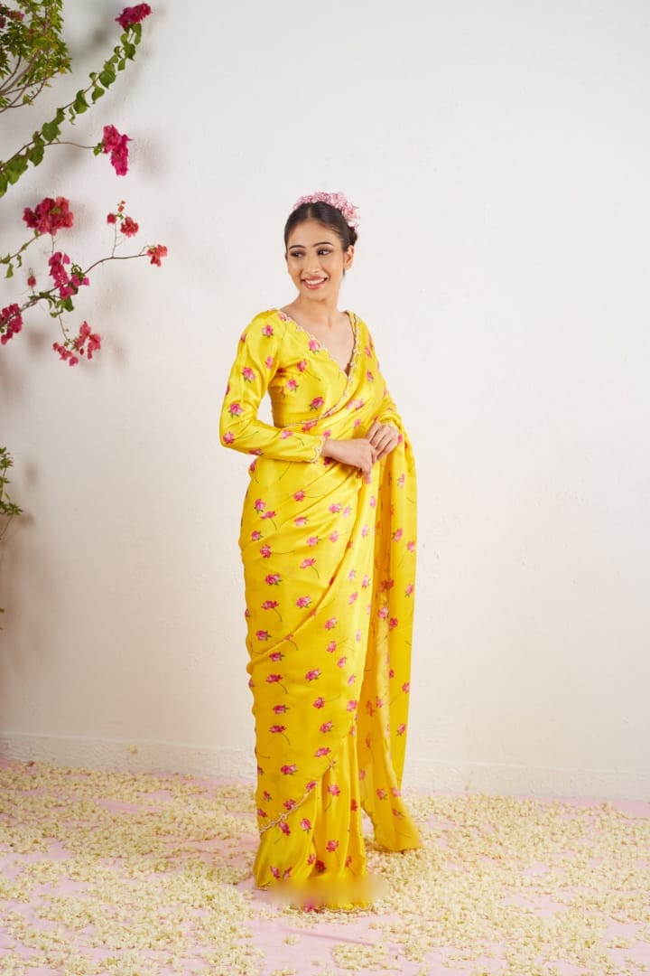 New One Minute Ready To Wear  Pure Soft Satin Silk Beautiful Flower Digital Printed Saree With Cutdana And Moti Handwork With Same Model long Sleeve Stiched Blouse
