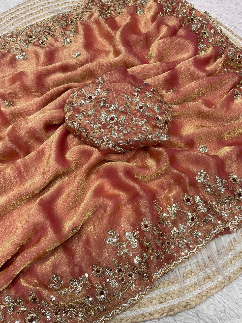 New Designer Fendy Chiffon Two Tone Saree - Peach