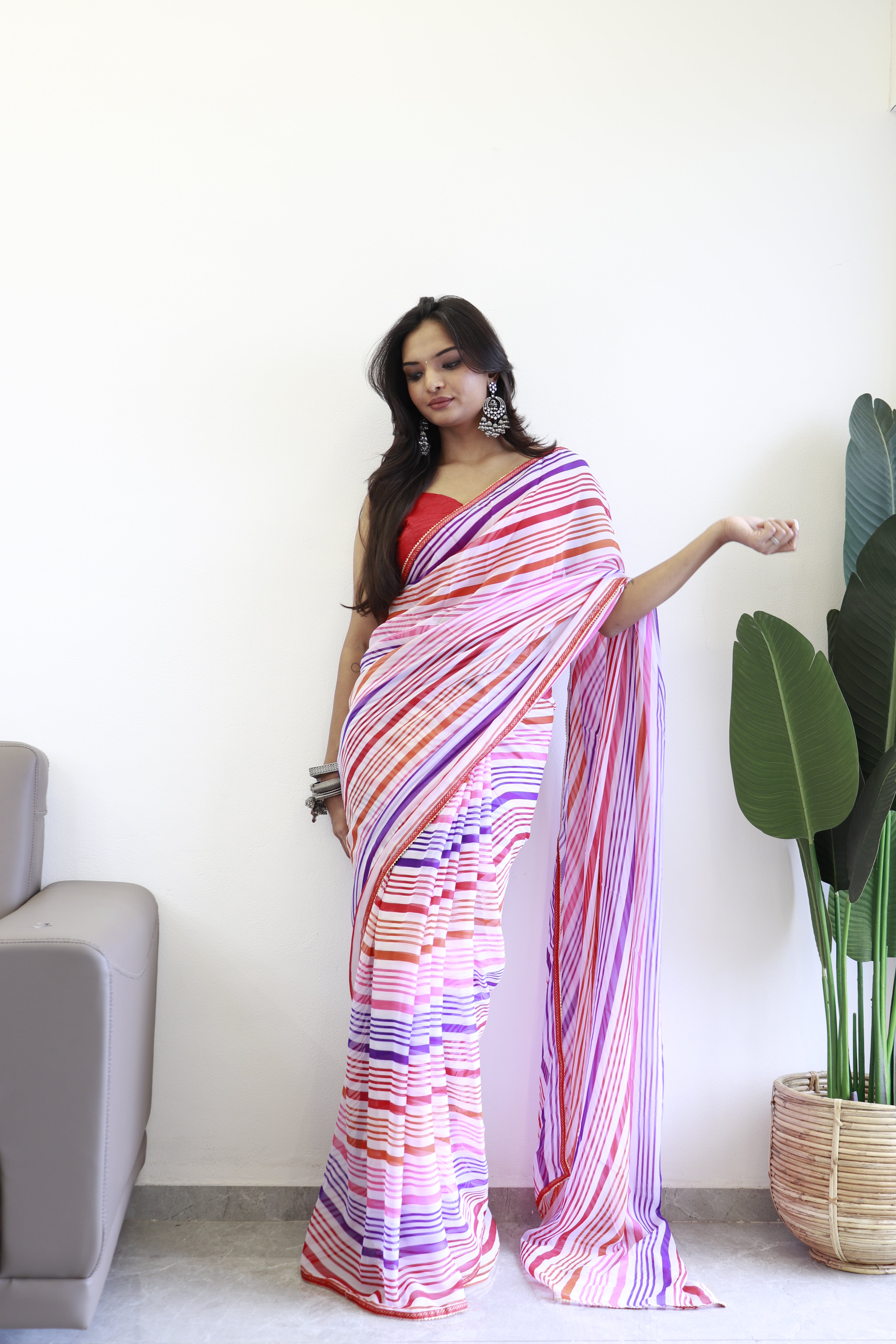 New One Minute Ready Wear Pink Multicolor Strip Saree