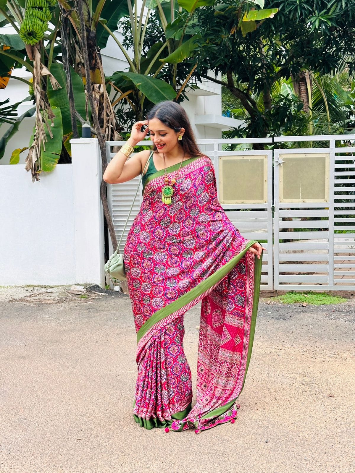 New One Minute Ready To Wear  Digital Printed Crape Silk Rani Pink-Green Saree