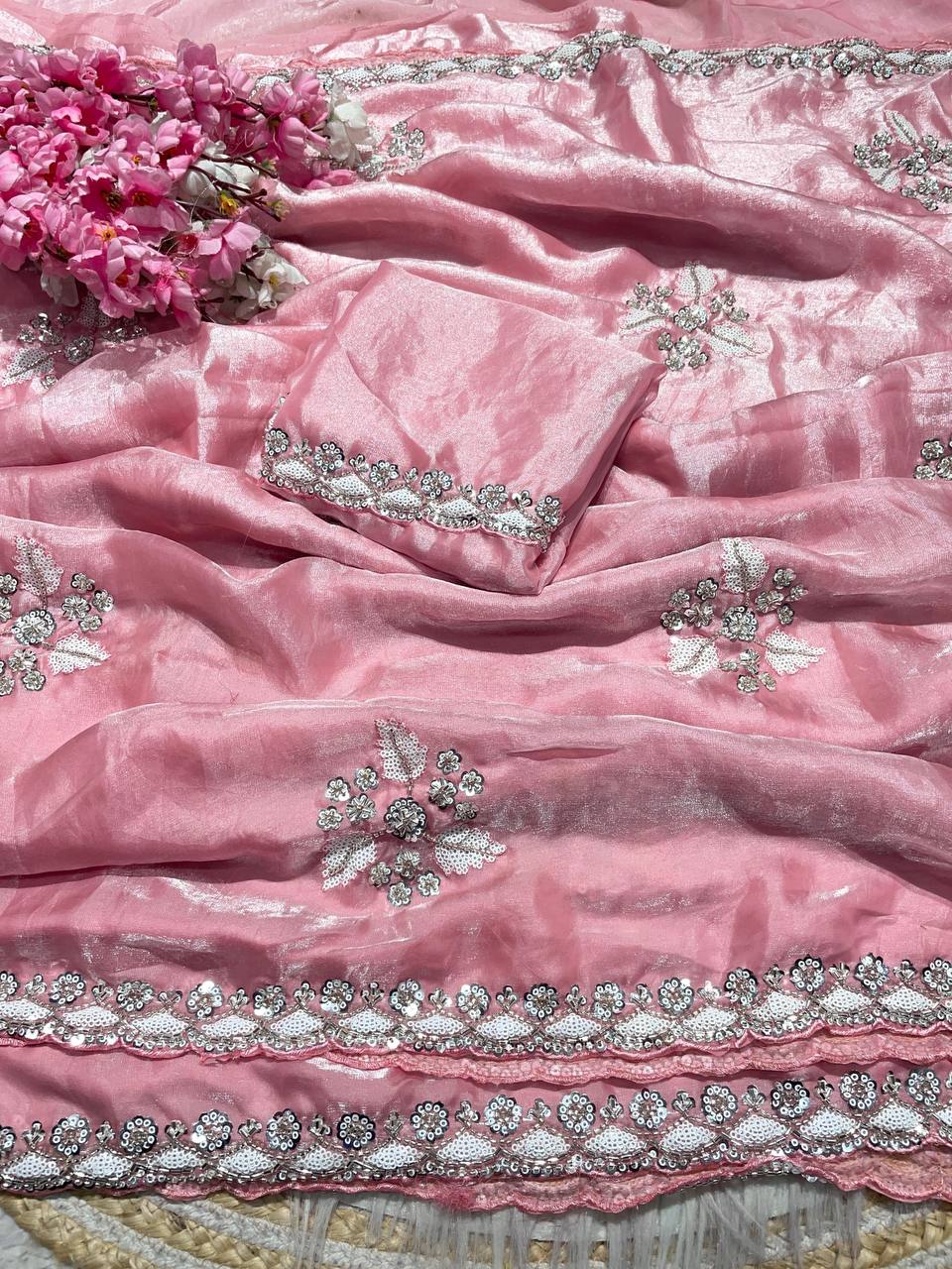 New Designer Fandy Sattin Saree With Brits Work - Peach