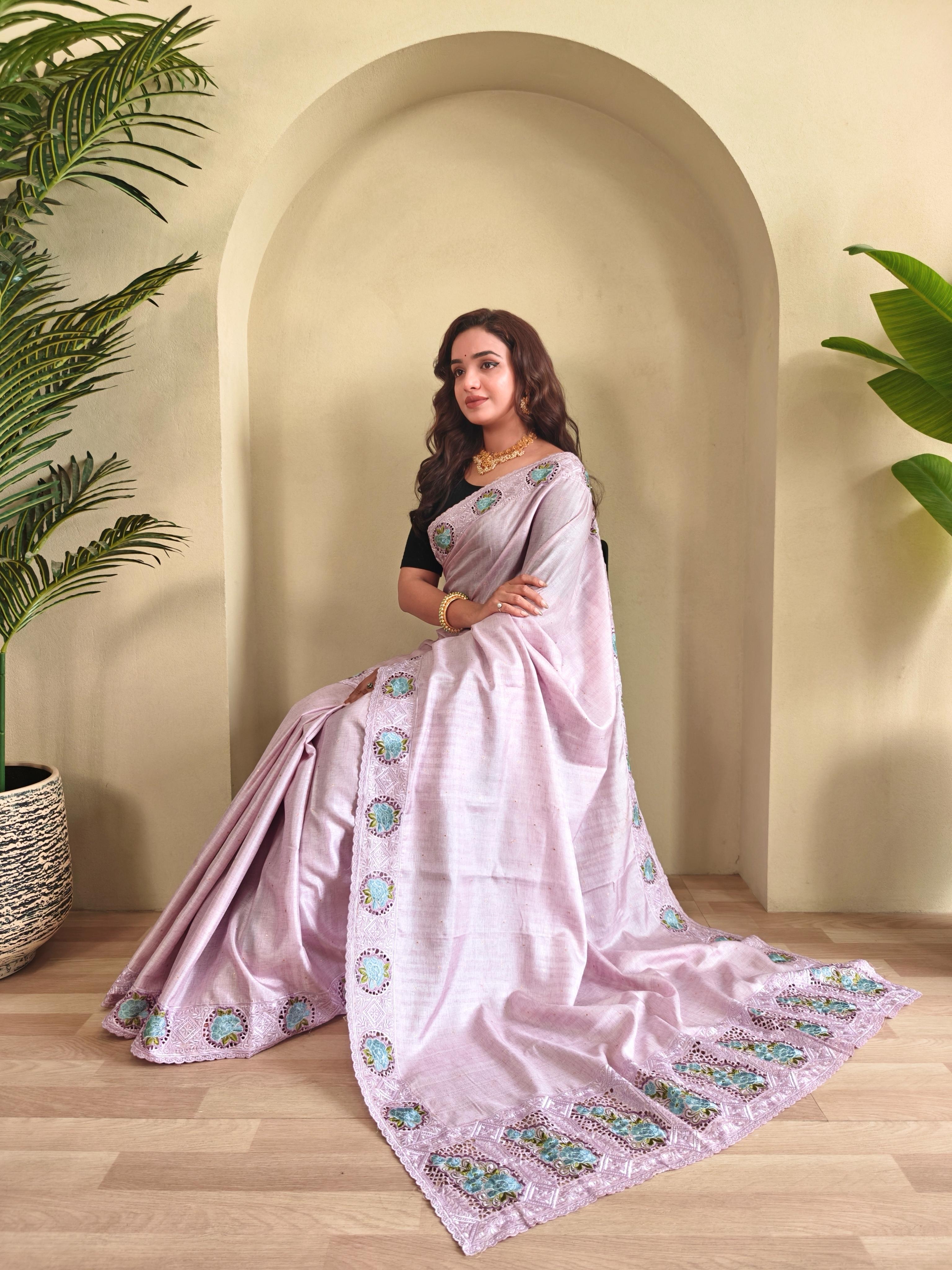 New Designer Soft Tussur Silk Pastel purple Saree With Super Fine Embroidered Pattern With Running Unstiched Blouse Piece