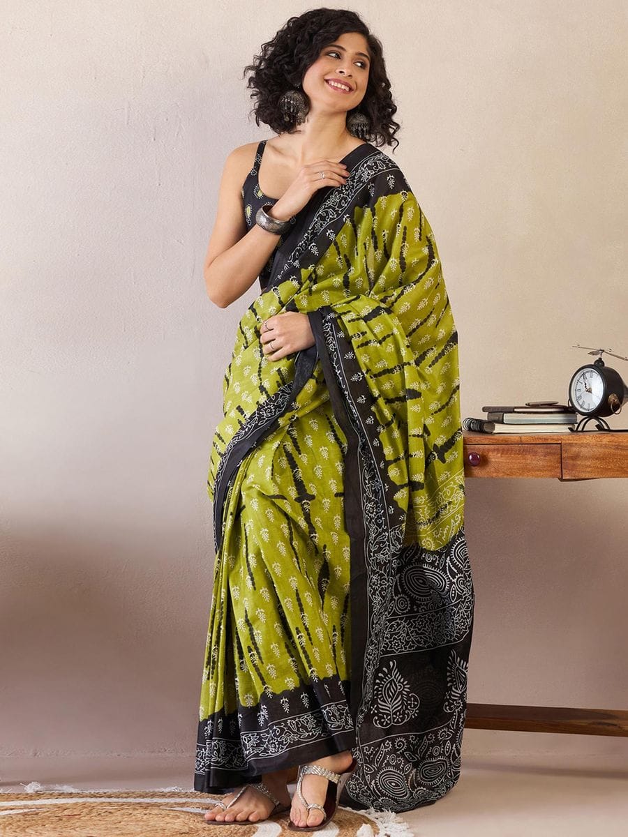 New One Minute Ready To Wear Flower Designed Pure Soft Mul Cotton Silk Mehendi Green Saree With  Pocket Along With Same Model  Unstiched Blouse Piece