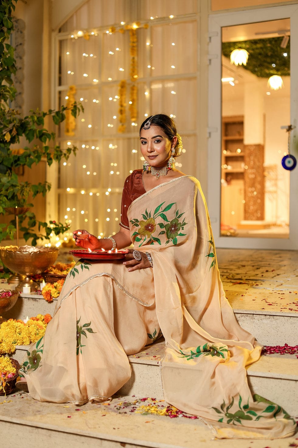 New One Minute Ready To Wear Soft Organza Silk Saree with Beautiful Hand Worked Moti  And Val Work With Same Handworked Stiched Blouse