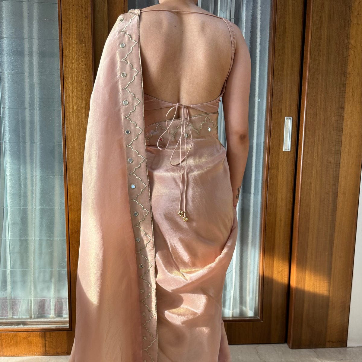 New One Minute Ready To Wear Pure Soft Malai Satin Silk Saree With Beautiful Cutdana And Mirror Hand Work with Same Model Patern Stiched Blouse