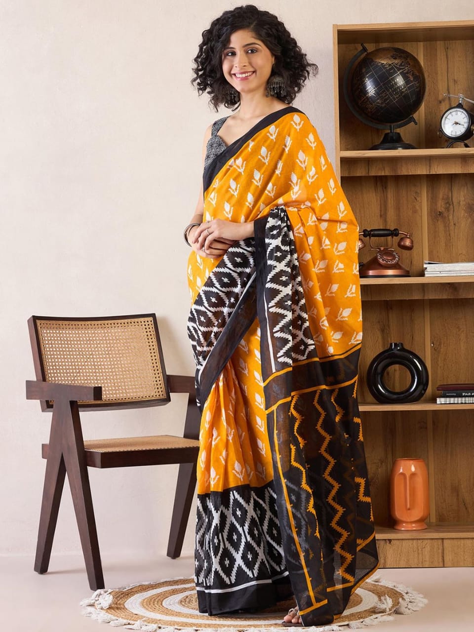 New One Minute Ready To Wear Pure Soft Mul Cotton Silk Yellow-Orange Saree With  Pocket Along With Same Model Unstiched Blouse Piece