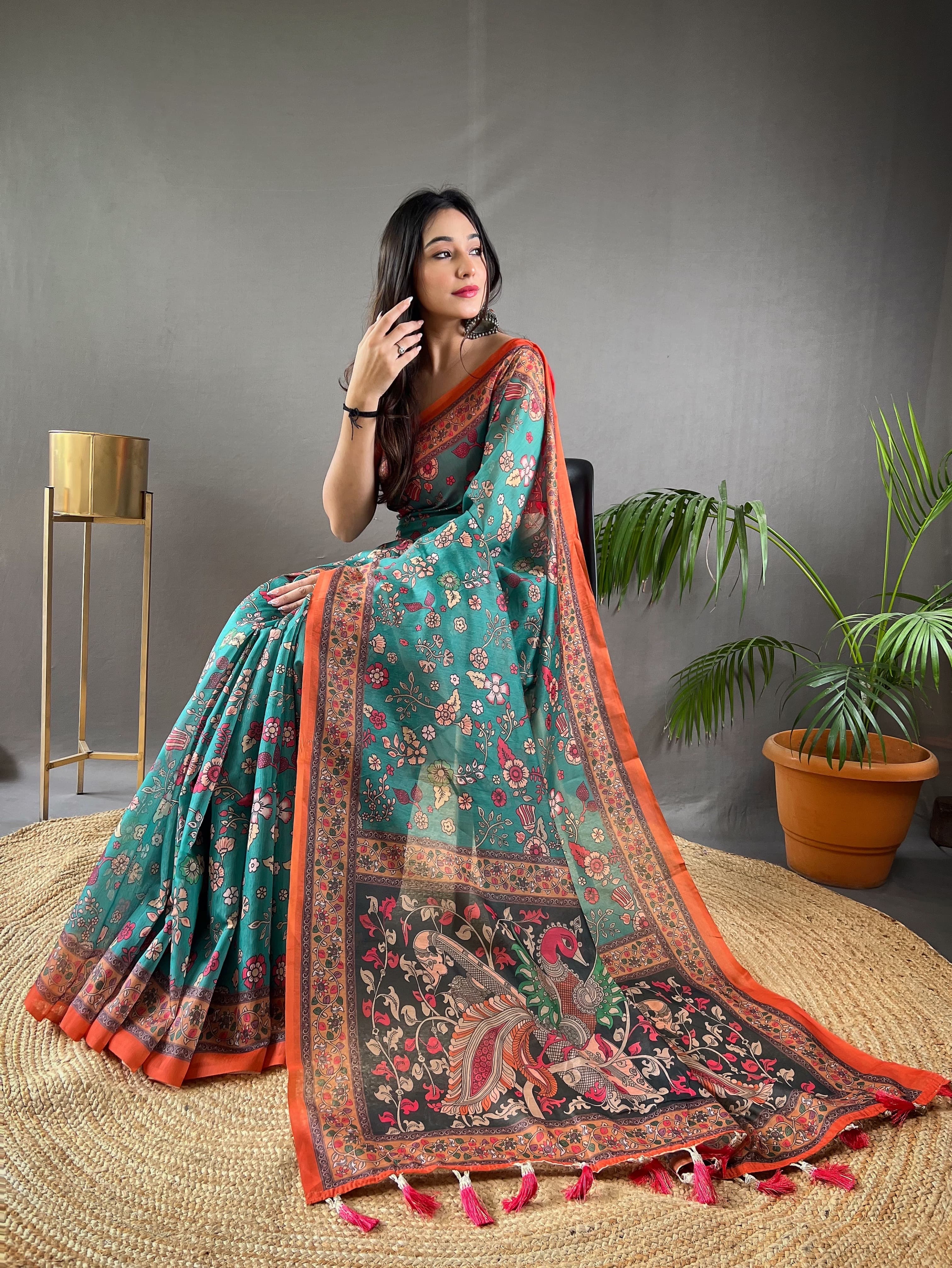 New Designer Pure Malai Cotton Saree With Beautiful Kalamkari Prints Along With Contras Big Pallu With Tussels - Teal