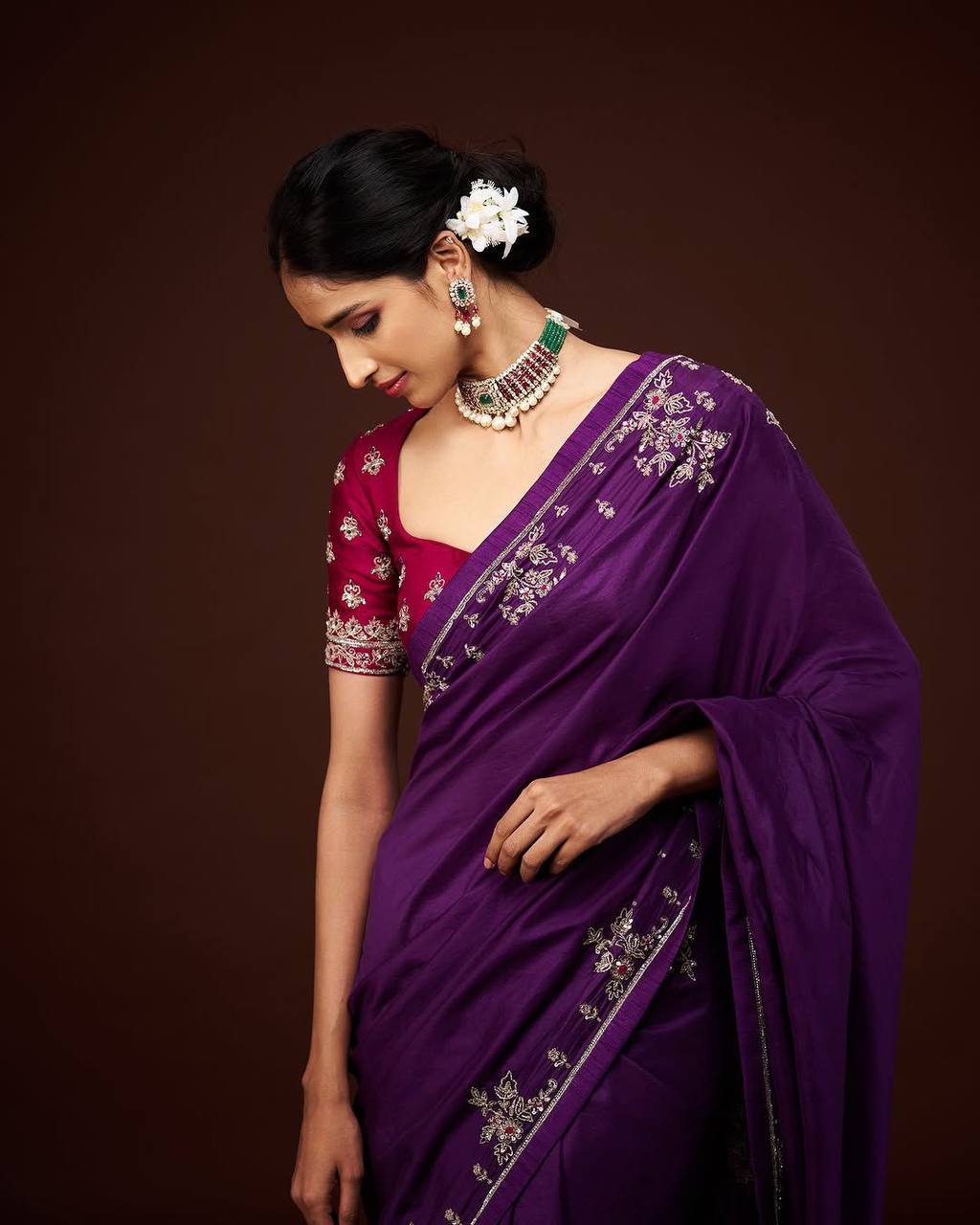 New Designer Natural Chinnon Purple Saree With Coding Sequence Embroidery Work