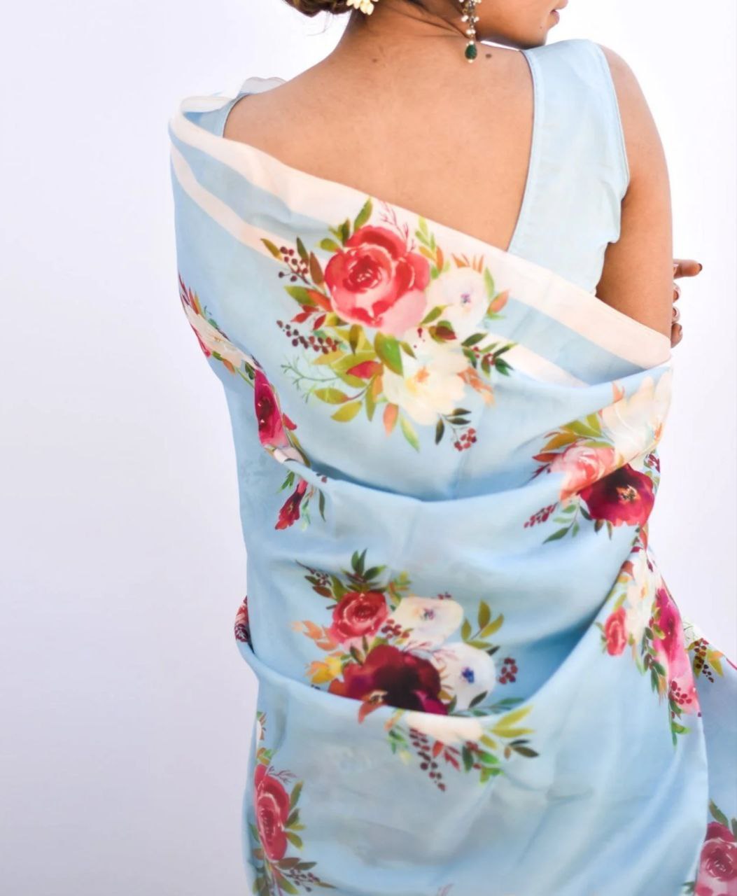 New Designer Original Japan Satin Flower Printed Sea Blue Saree With Digital Printed Unstiched Blouse Piece