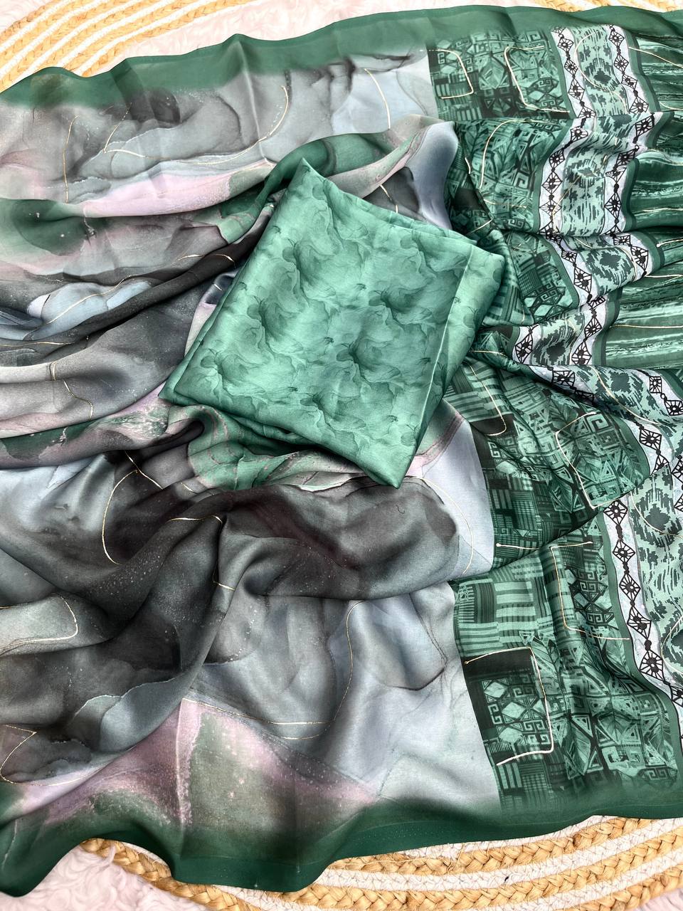 New Designer Bollywood Style Sattin Georgette Saree - Green