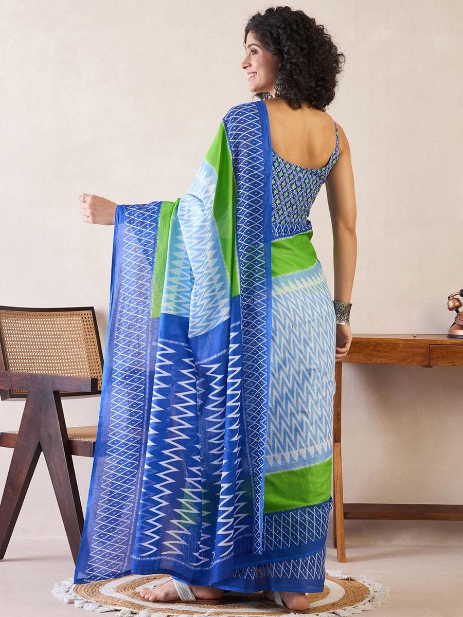 New One Minute Ready To Wear  Pure Soft Mul Cotton Silk zigzag Design Pastel Blue Saree With Pocket Along With Same Model Digital printed Unstiched Blouse Piece