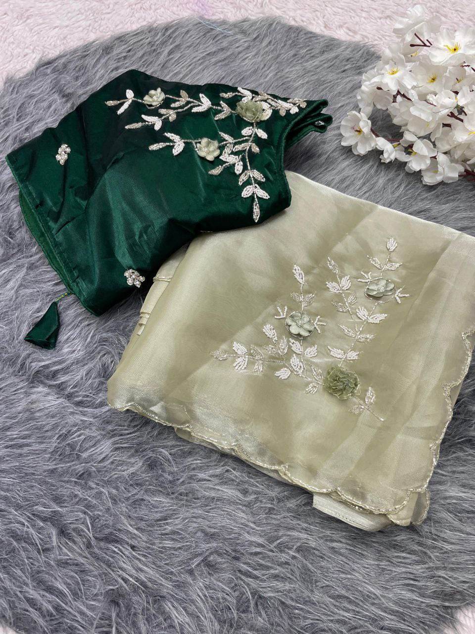 New Designer Jimmy Choo Satin Saree With Khatli Cutdana Handwork - Green