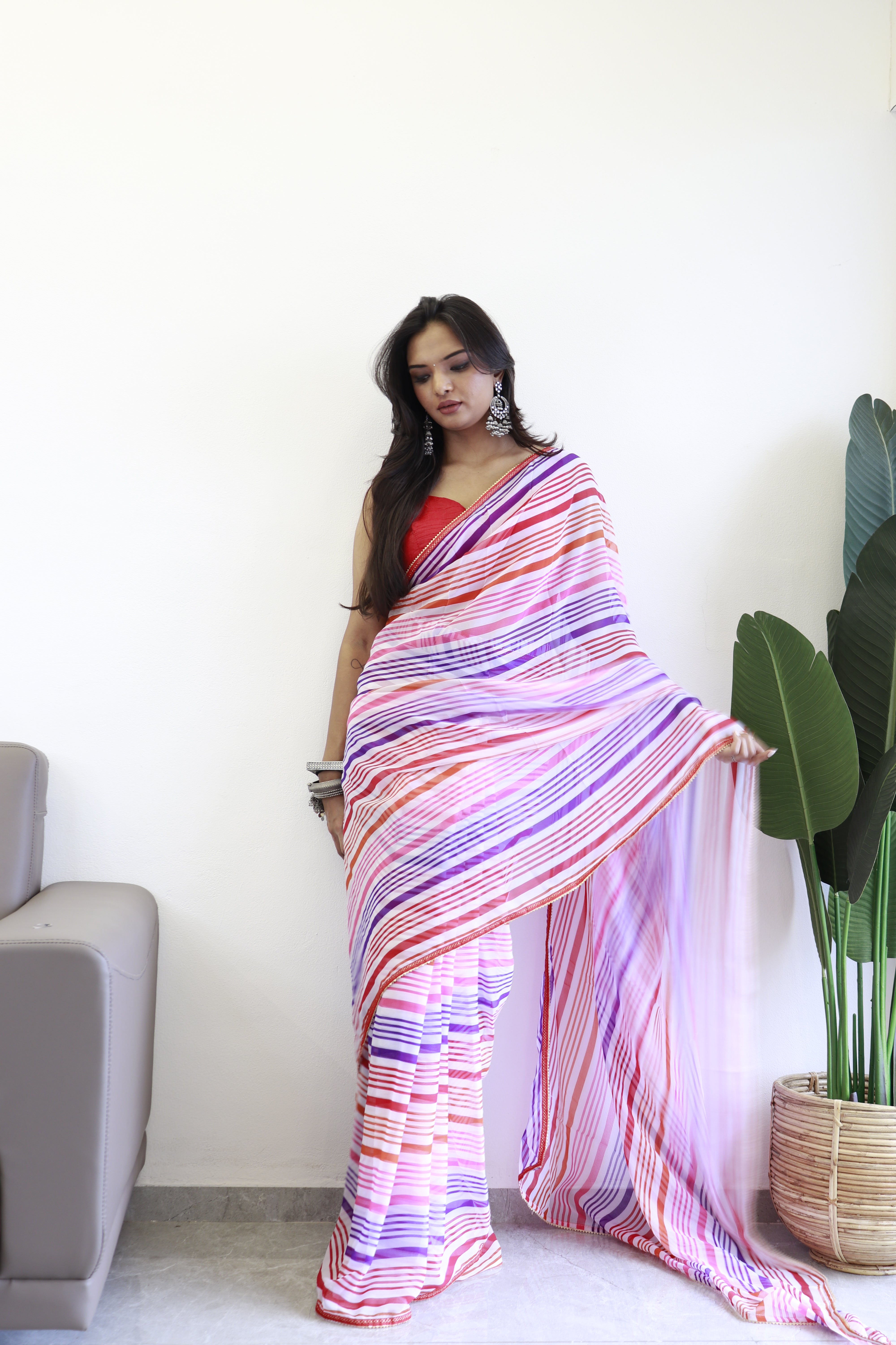 New One Minute Ready Wear Pink Multicolor Strip Saree