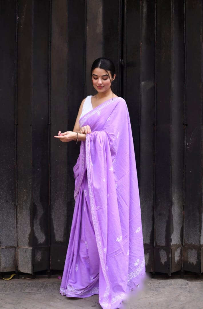 New One Minute Ready To Wear  Pure Soft Mul Cotton Silk Lavender Saree With  Pocket Along With Running Unstiched Blouse Piece