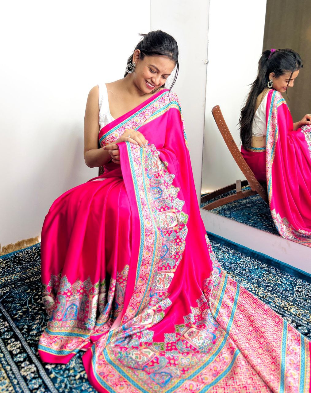 New Designer Premium Ajrakh Printed Pink Satin Saree