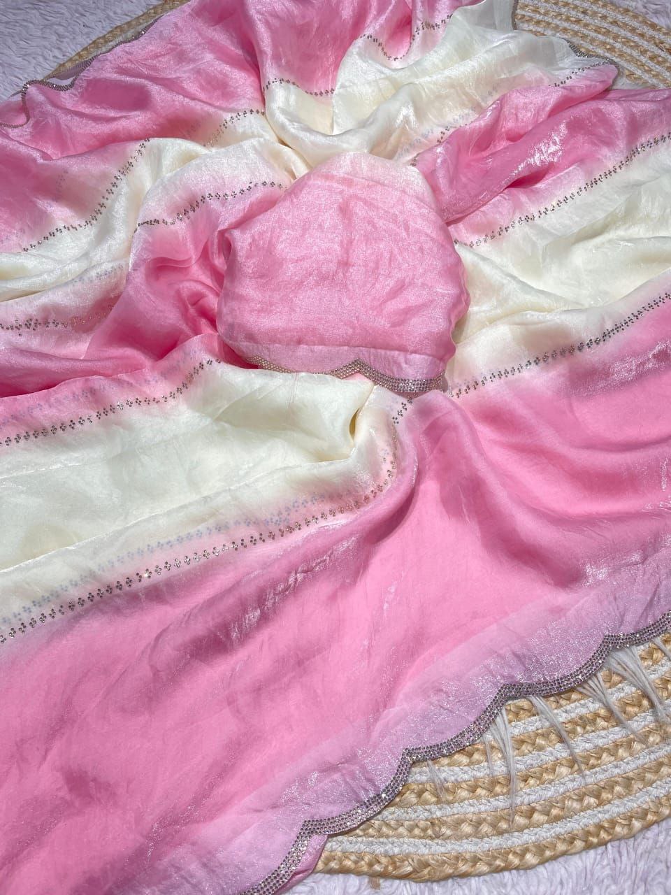 New Designer Fandy Sattin Panding Saree With Jarkhan Work - Baby Pink