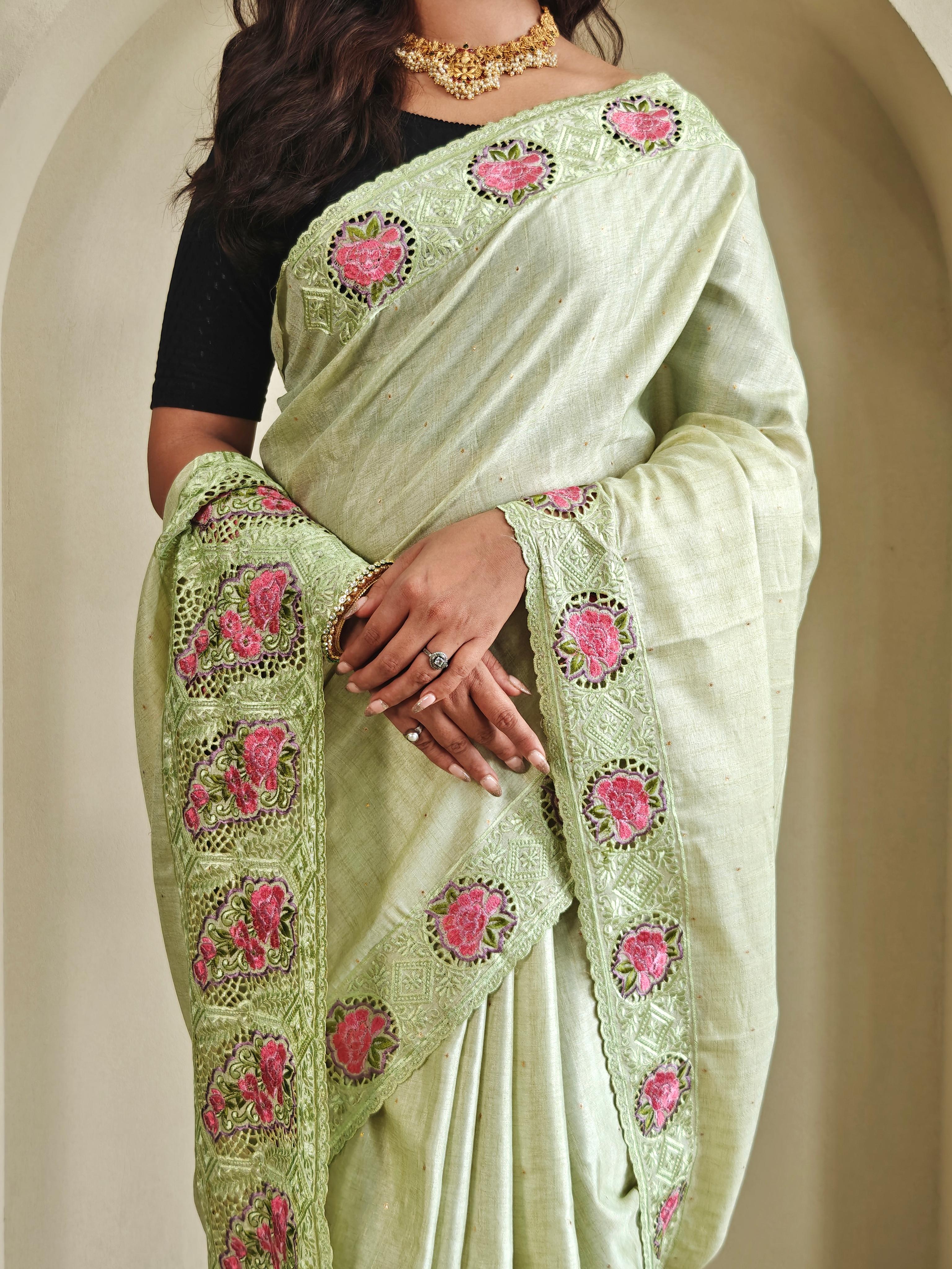 New Designer Soft Tussur Silk Pastel Green Saree With Super Fine Embroidered Pattern With Running Unstiched Blouse Piece