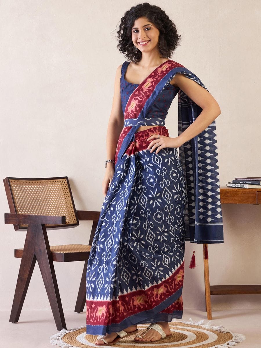 New One Minute Ready To Wear Flower Designed Pure Soft Mul Cotton Silk Navy Blue Saree With  Pocket Along With Same Model  Unstiched Blouse Piece