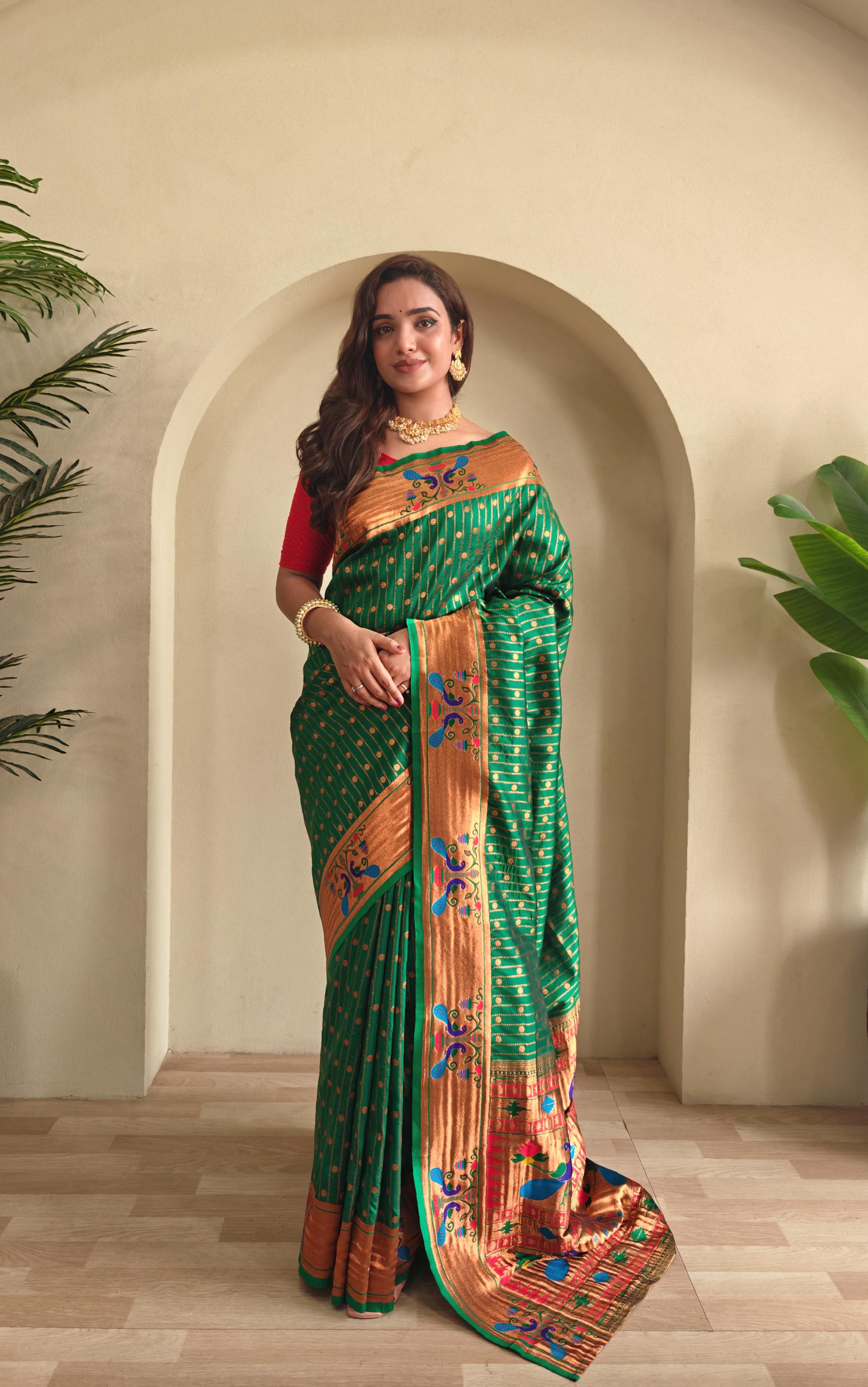 New Designer Premium Paithani Dark Green Saree With Rich Weaved Paithani Pallu Along With All Over Polka Design With Contrast Unstiched Blouse Piece