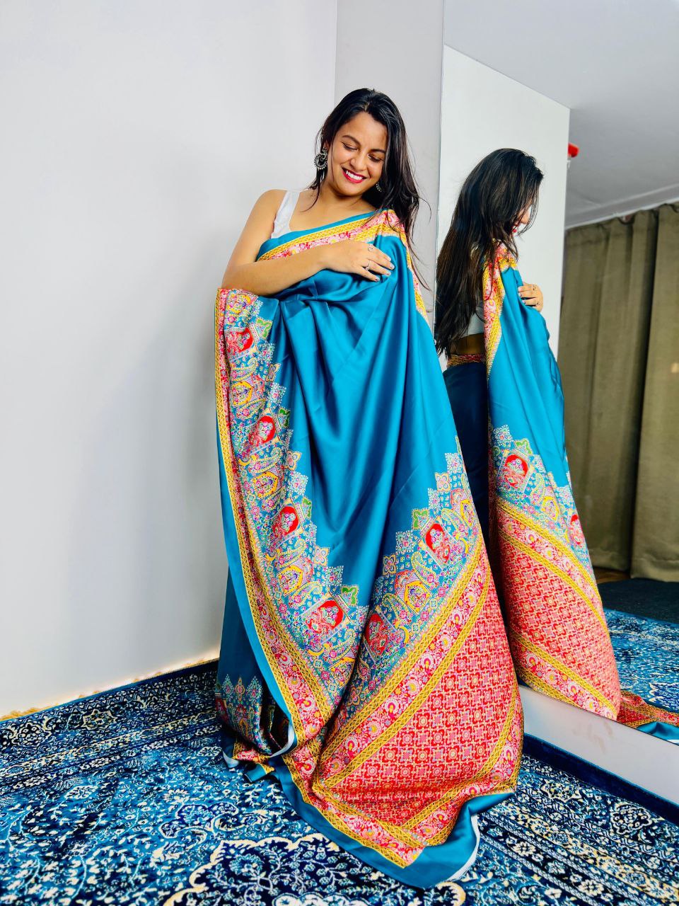 New Designer Premium Ajrakh Printed Blue Satin Saree