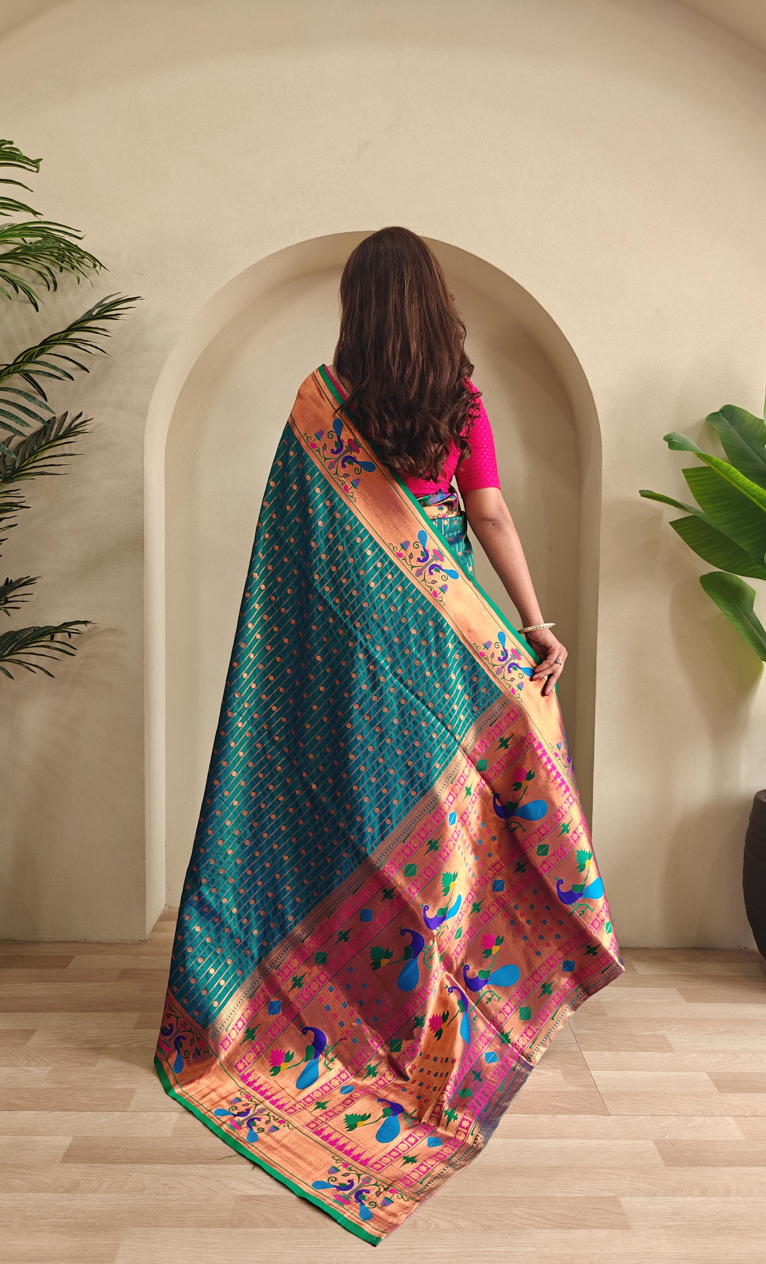 New Designer Premium Paithani Teal Blue Saree With Rich Weaved Paithani Pallu Along With All Over Polka Design With Contrast Unstiched Blouse Piece