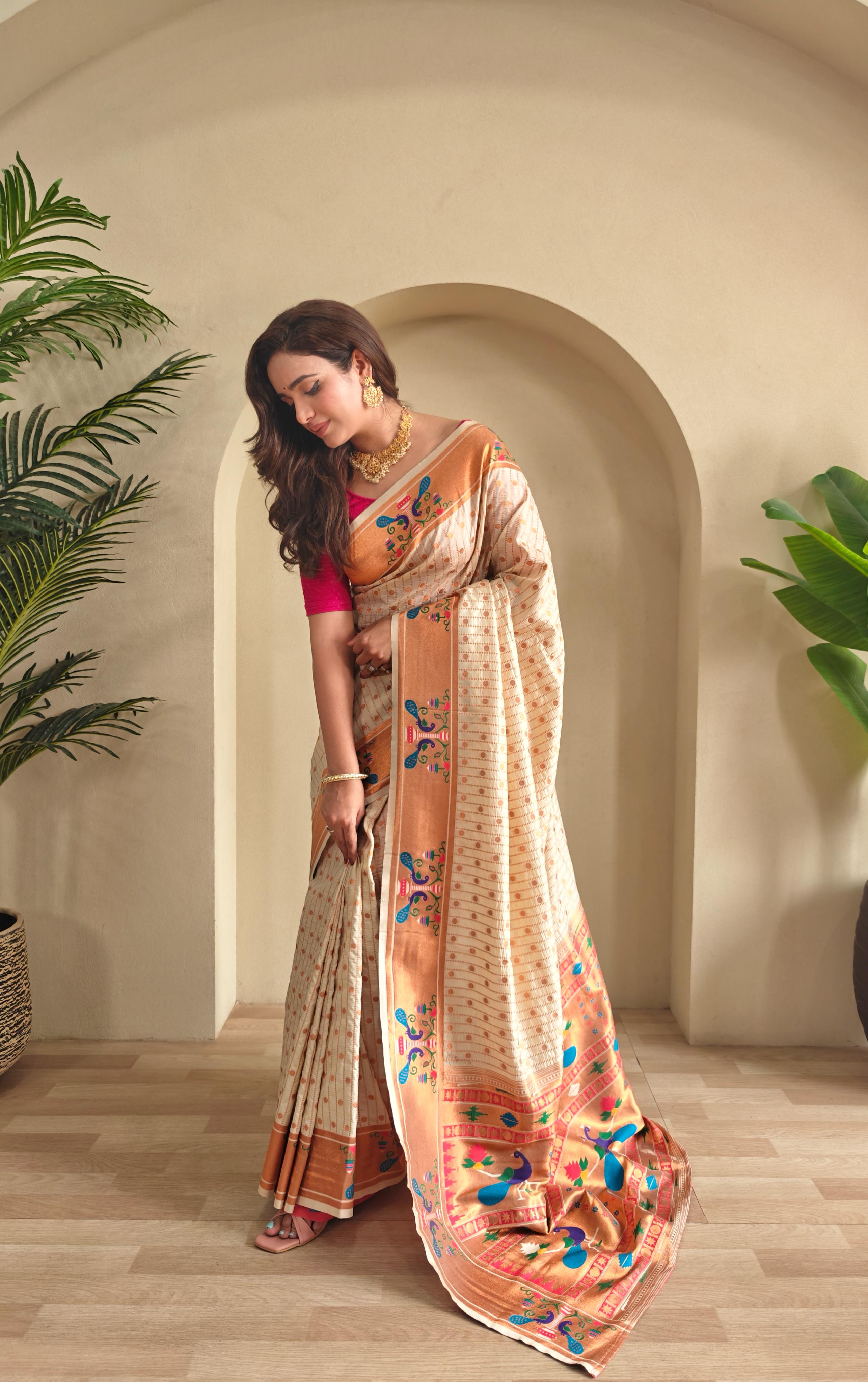 New Designer Premium Paithani Off White Saree With Rich Weaved Paithani Pallu Along With All Over Polka Design With Contrast Unstiched Blouse Piece