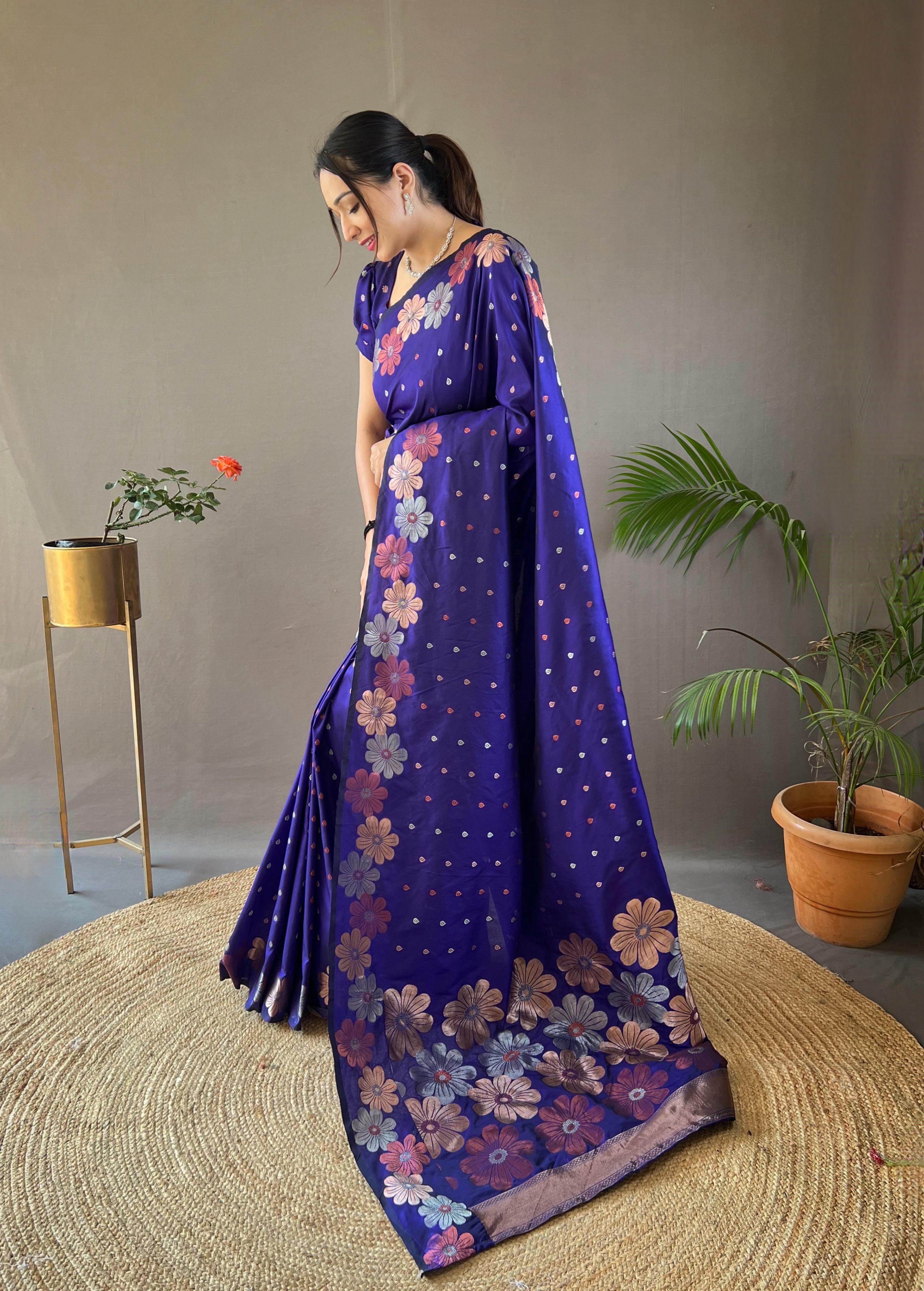 New Designer Pure Soft Silk Blue Saree With Copper and Gold Weaving All Over Saree With Running Unstiched Blouse Piece