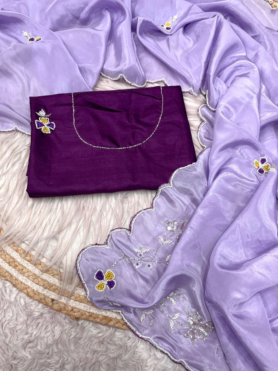 New Designer HO Silk Saree With Arco Border Cutdana Hand Work - Purple