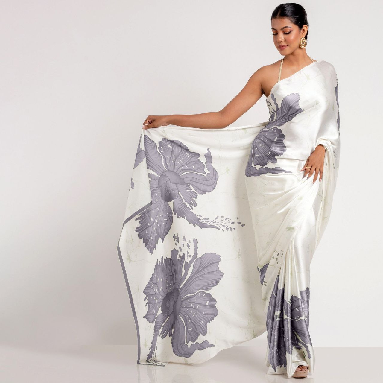 New Designer Original Japan Satin Devsena White Saree With Grey Flower Digital Print