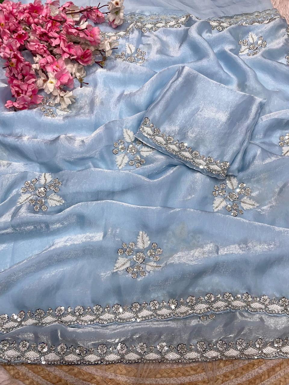 New Designer Fandy Sattin Saree With Brits Work - Pastel Blue