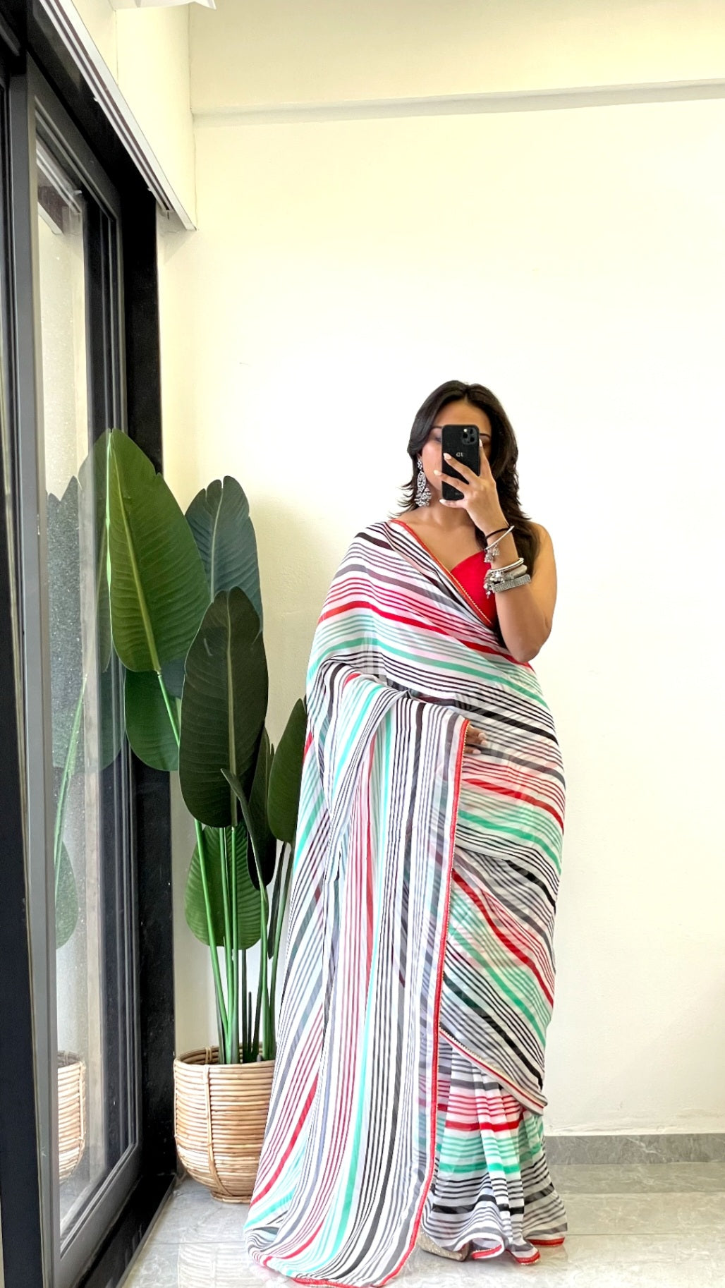 New One Minute Ready Wear Green Multicolor Strip Saree