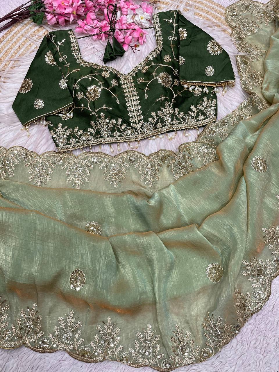 New Designer NC Vichitra Two Tone Green Saree With Sequence Coding Embroidery Work