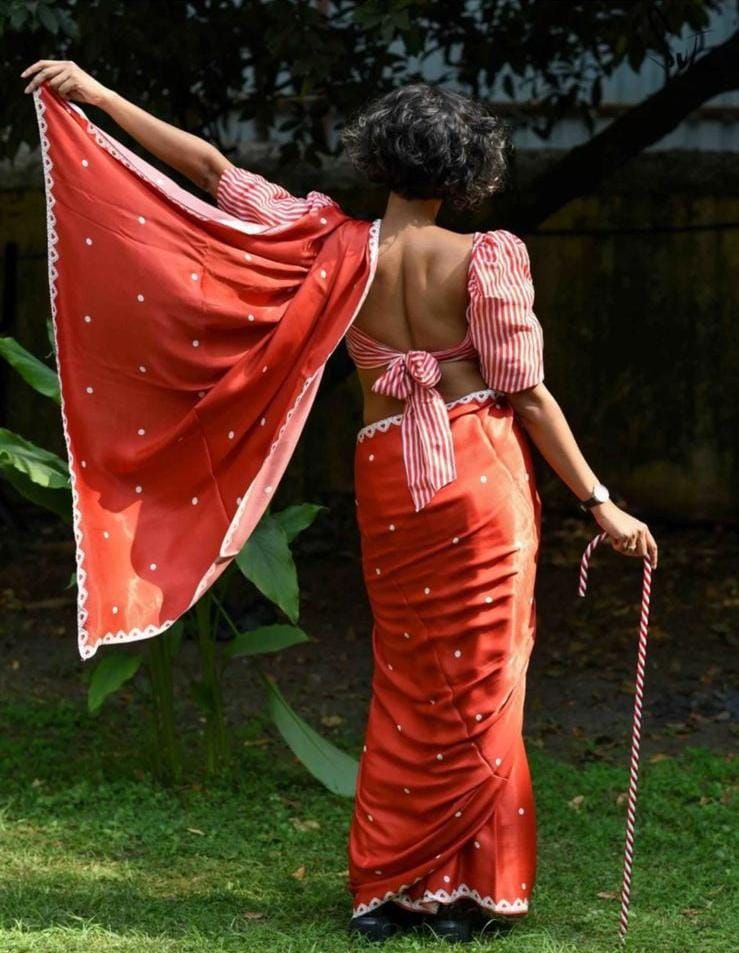 New Designer Original Japan Satin Digital Printed Red Saree With Digital Printed Unstiched Blouse Piece