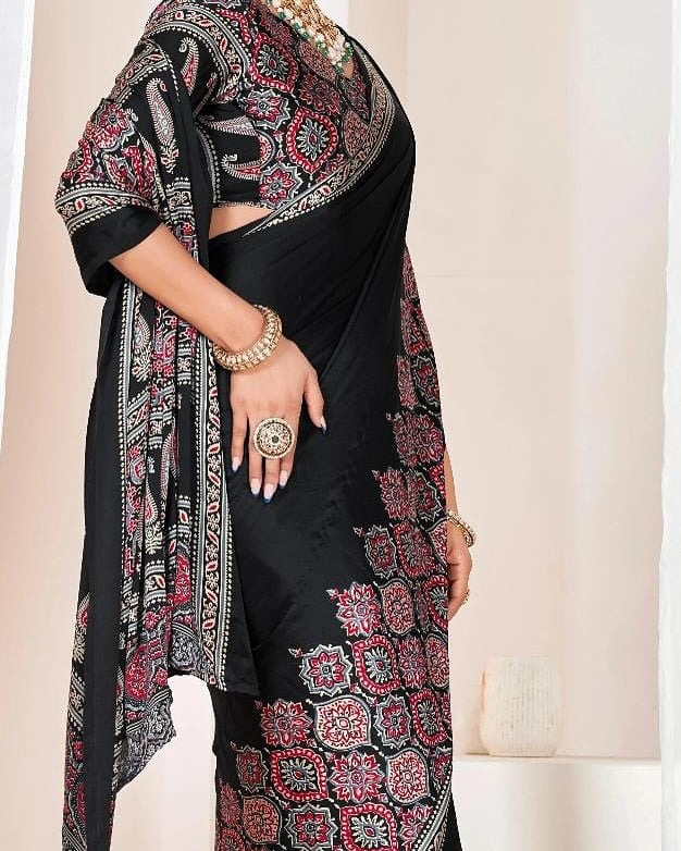 New One Minute Ready To Wear Digital Printed Crape Silk Black Saree
