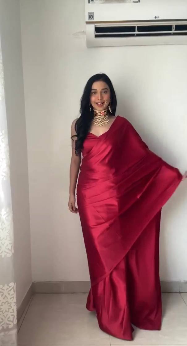 New One Minute Ready Wear Red Satin Saree