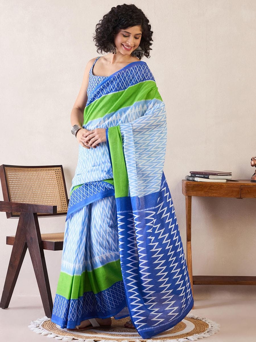 New One Minute Ready To Wear  Pure Soft Mul Cotton Silk zigzag Design Pastel Blue Saree With Pocket Along With Same Model Digital printed Unstiched Blouse Piece
