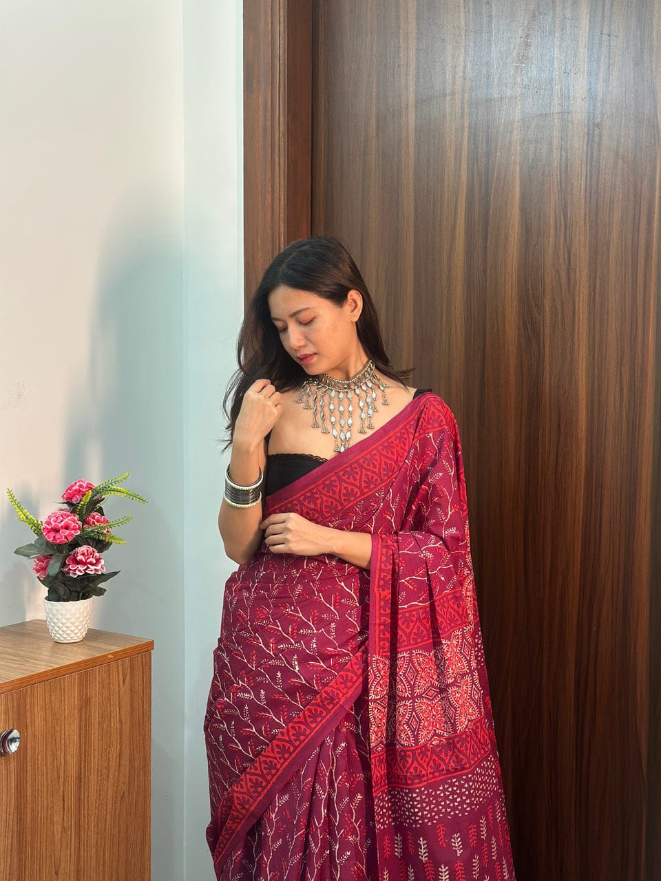 New One Minute Ready To Wear Pure Soft Mul Cotton Silk Maroon Red Saree With Pocket