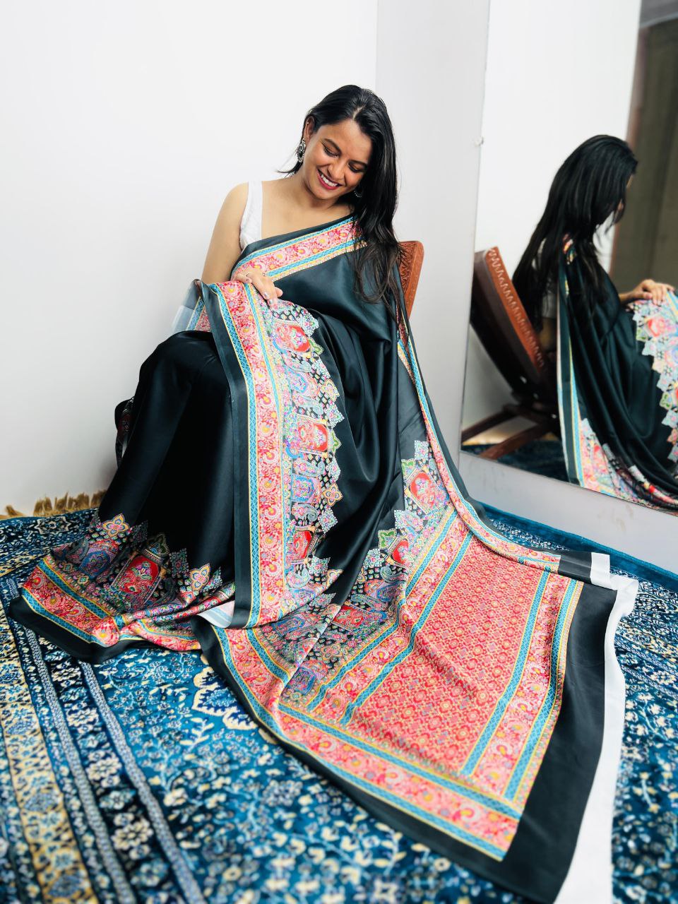New Designer Premium Ajrakh Printed Black Satin Saree