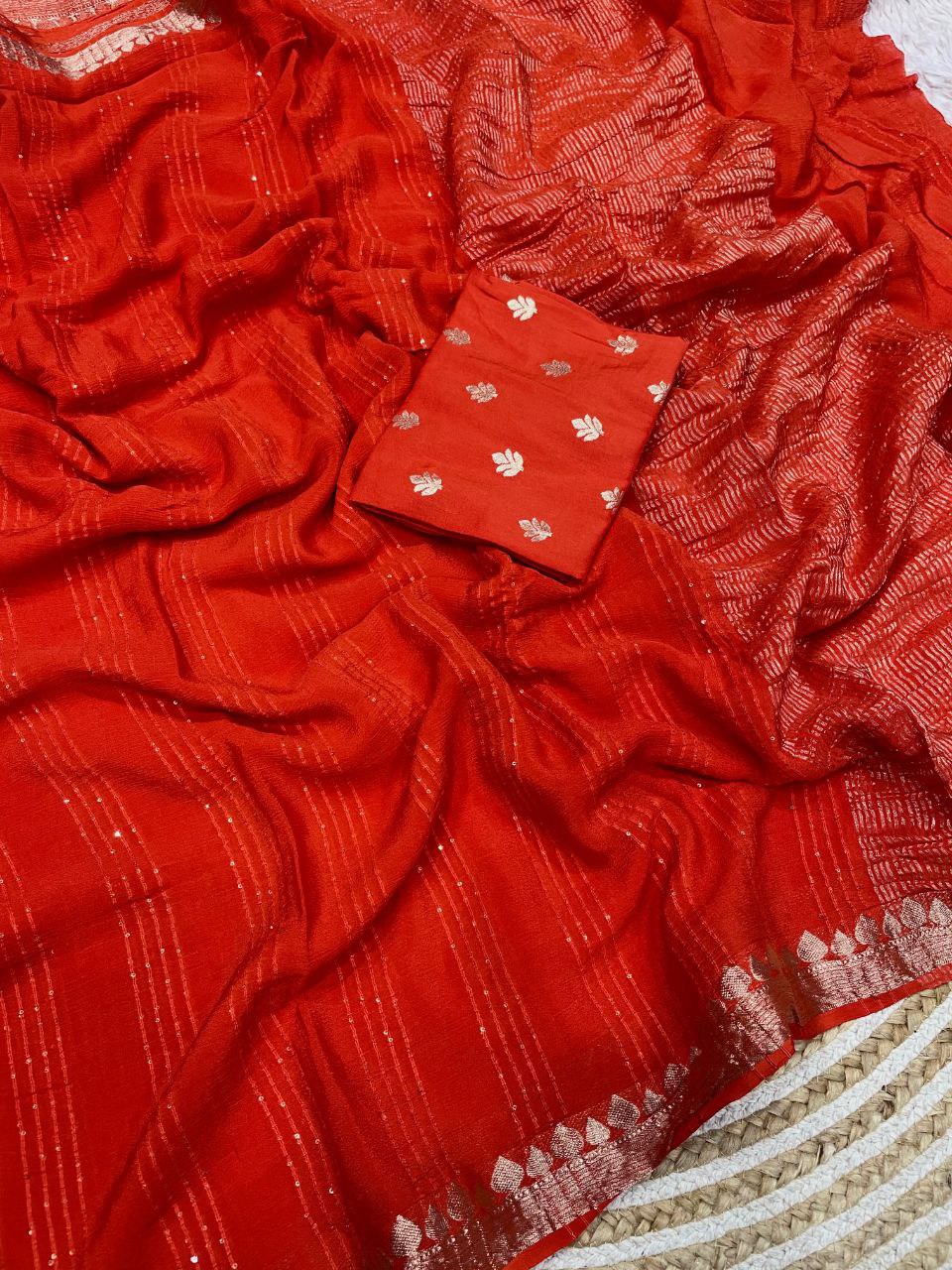 New Designer Pure Chinnon Chiffon Silk Saree - Orange